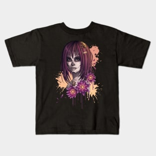 Candy Skull Girl with Flowers and Frogs Kids T-Shirt